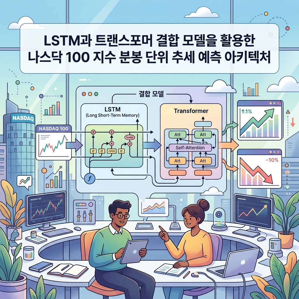 ai thumbnail illustration LSTM과 트랜스포머 결합 모델을 활용한 나스닥 100 지수 분봉 단위 추세 예측 아키텍처 1787896756