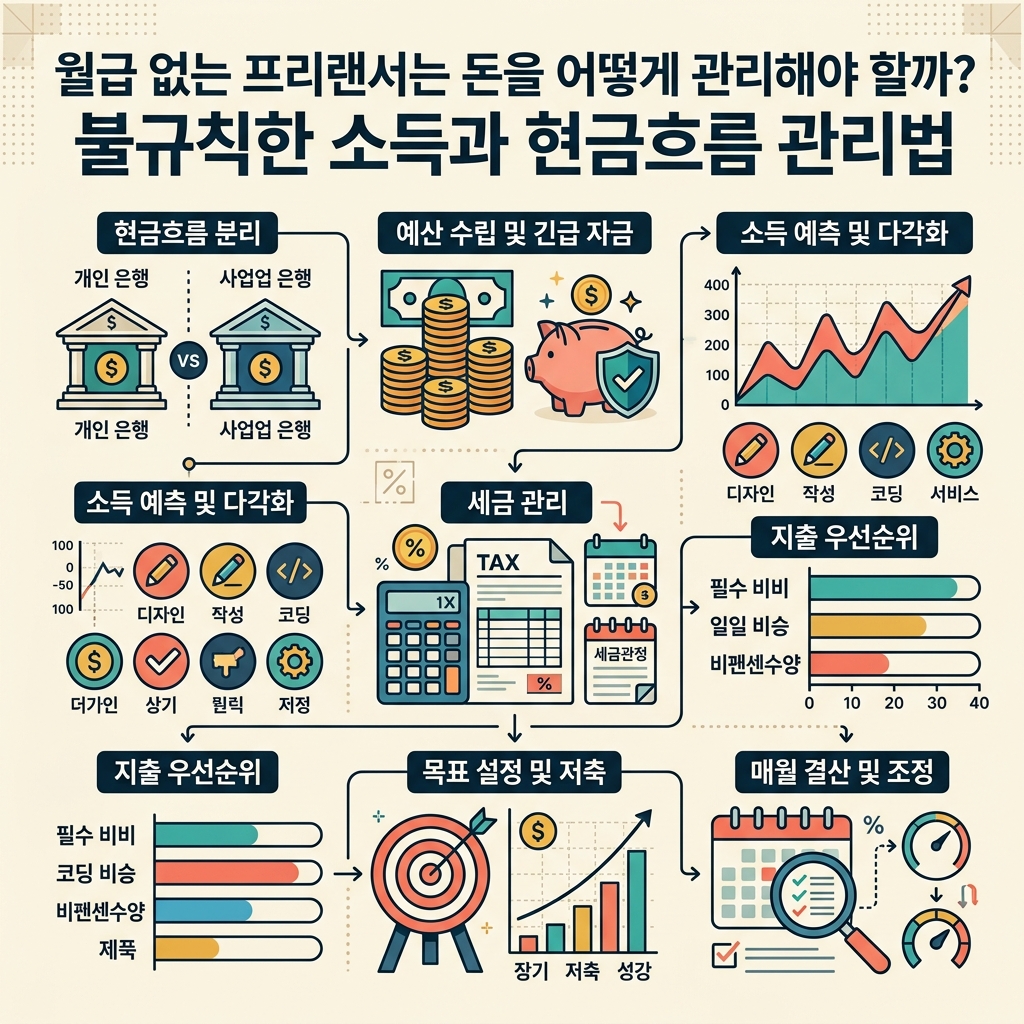 ai thumbnail infographic 월급 없는 프리랜서는 돈을 어떻게 관리해야 할까 불규칙한 소득과 현금흐름 관리법 1790130738