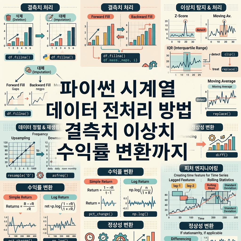 ai thumbnail infographic 파이썬 시계열 데이터 전처리 방법 결측치 이상치 수익률 변환까지 1789200538