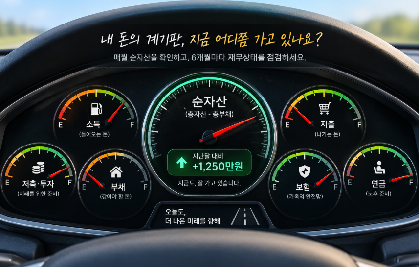 가계부보다 먼저 해야 할 일, 매월 순자산을 확인하고 6개월마다 재무상태를 점검하세요 3 계기판 매월순자산 소득 지출 저축 투자 보험 연금 투자 부채