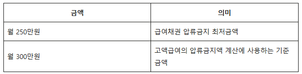 월급 600만원 넘으면 압류금액이 달라진다? 급여압류 250만원 300만원 기준 계산법 4 금액
의미
월 250만원
급여채권 압류금지 최저금액
월 300만원
고액급여의 압류금지액 계산에 사용하는 기준금액