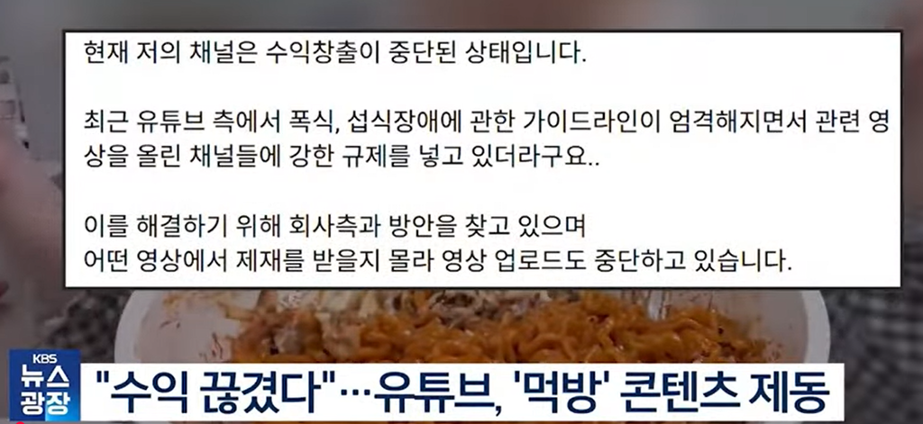 쯔양 히밥은 어떻게 돈을 벌까? 먹방 유튜버의 수익 구조 3 최근 유튜브 측에서 폭식 섭식장애에 관한 가이드라인이 엄격해지면서 관련 영상을 올린 채널들에 강한 규제를 넣고 있더라구요